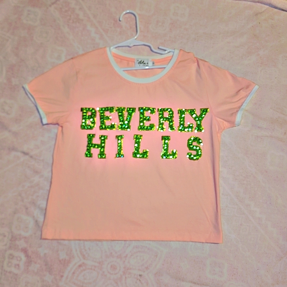 Lola + The Boys Beverly Hills Pink and Green Sequin Short Sleeve Tee